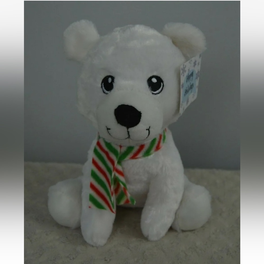 Kellytoy Polar Bear Plush Stuffed Animal Toy White Green Red Stripe Scarf  Teddy